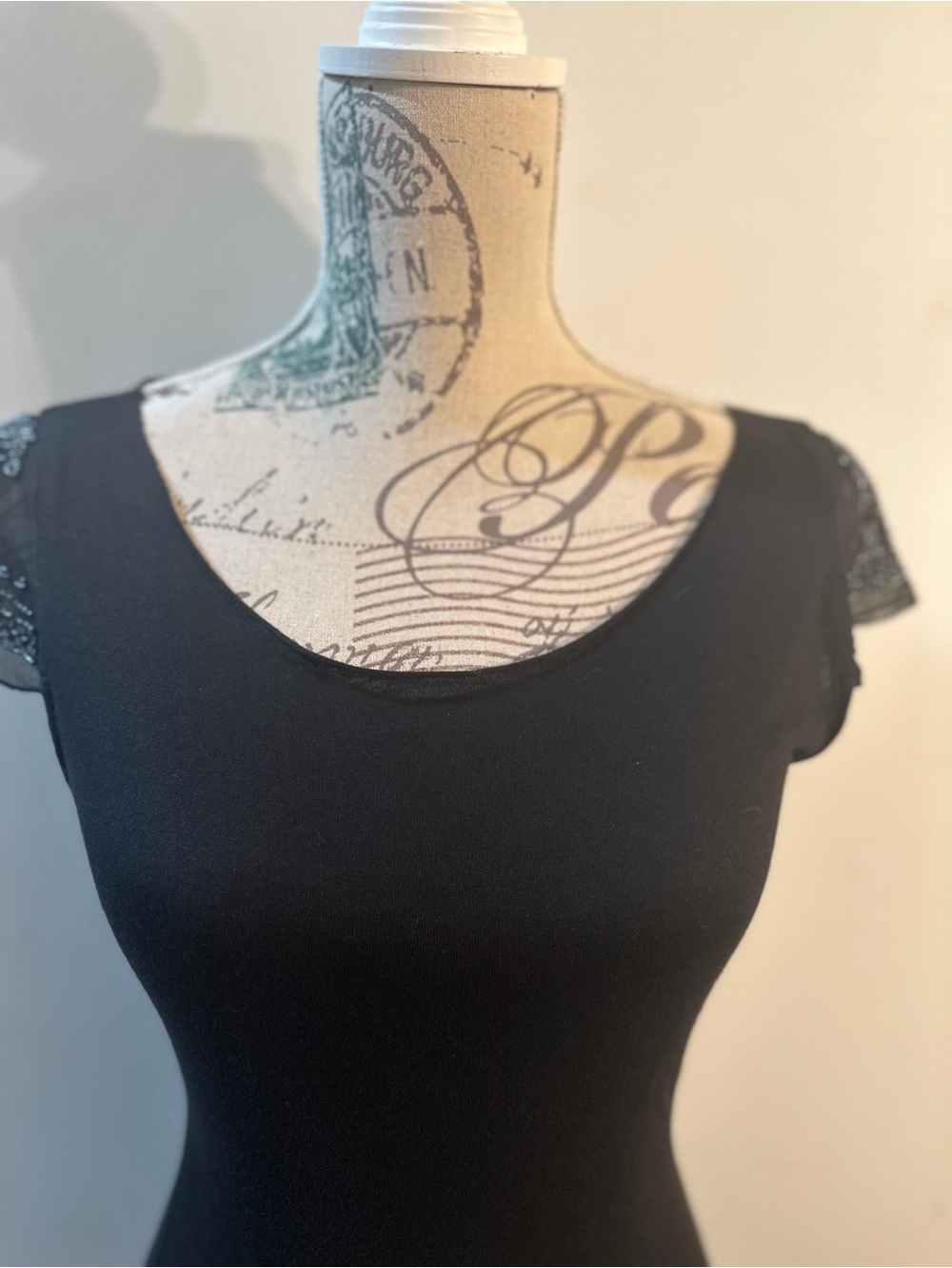 Lux Black Scoop Neck Top with Lace Cap Sleeves
